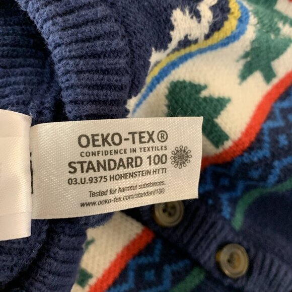 Hanna Andersson 75 12-18 Months Sweater Romper Knit Fair Isle Holiday Trees Navy - Picture 9 of 14